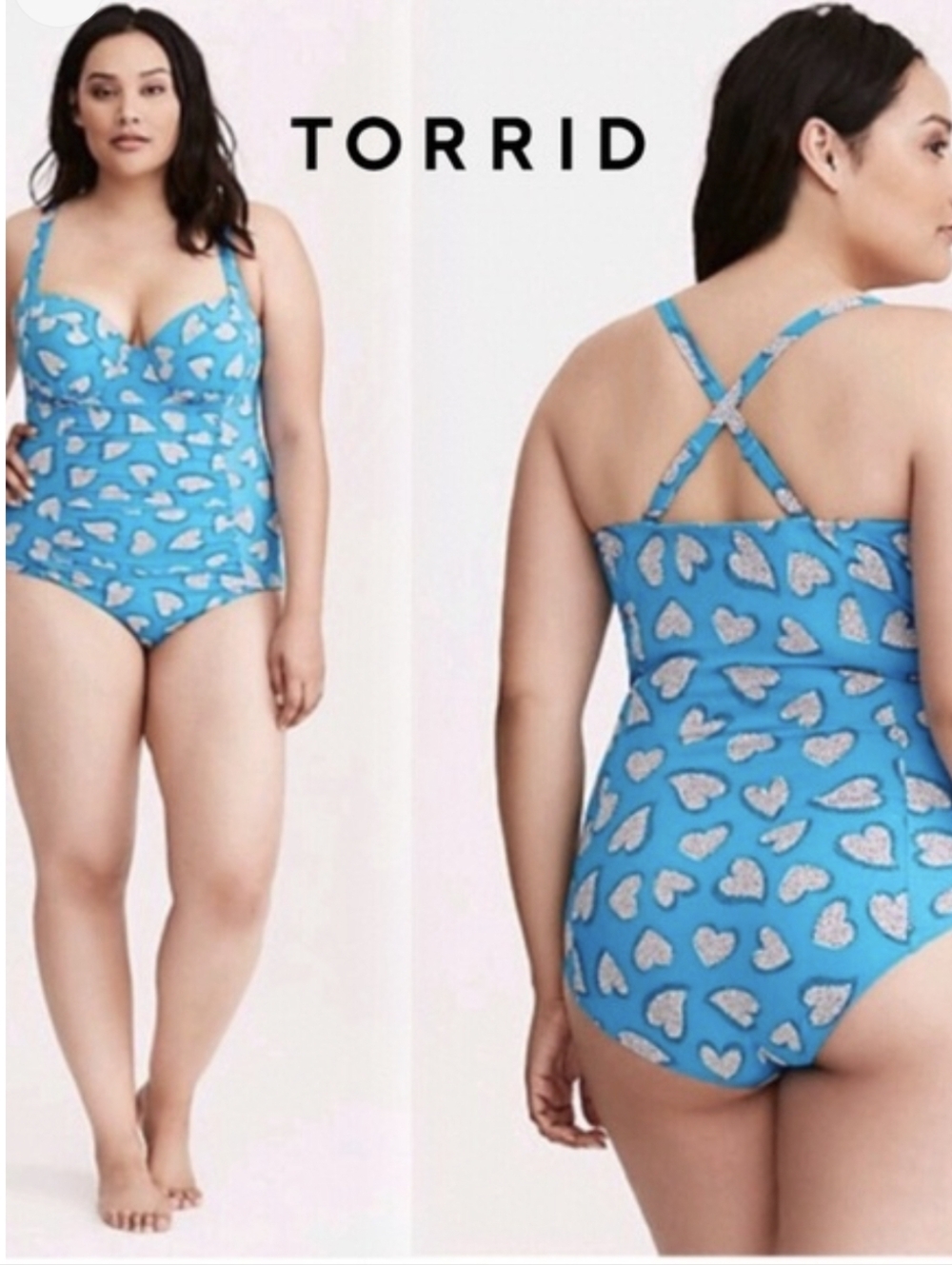 Torrid Ruched Push Up Blue and White Heart Print One Piece Swimsuit Size 1X